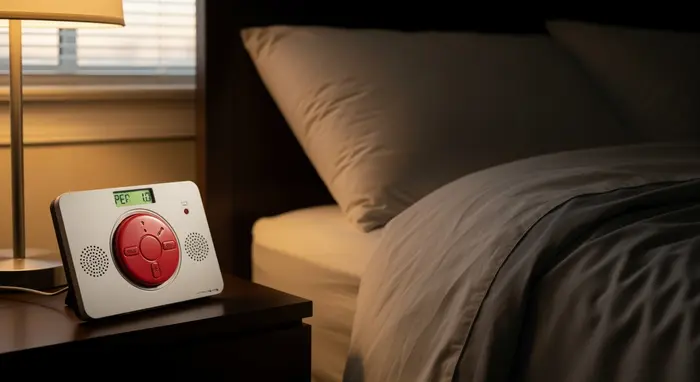 Hausnotruf-Gerät mit Notfallknopf liegt auf einem Nachttisch neben einem Bett; sanftes Abendlicht.