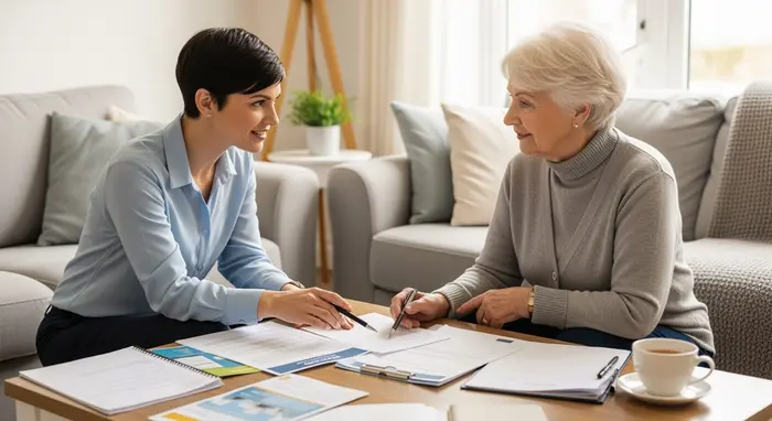 Pflegeberaterin besucht Seniorin zu Hause, beide sitzen am Couchtisch und gehen Unterlagen gemeinsam durch.