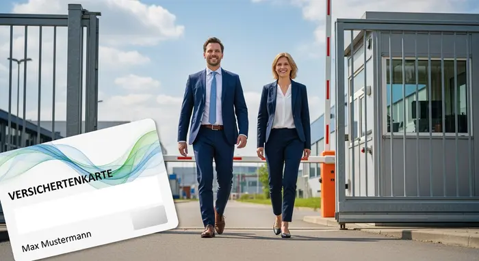 Zwei Mitarbeiter in Firmenkleidung betreten ein Werkstor, im Vordergrund eine Versichertenkarte; freundliche, klare Szene ohne Logos.