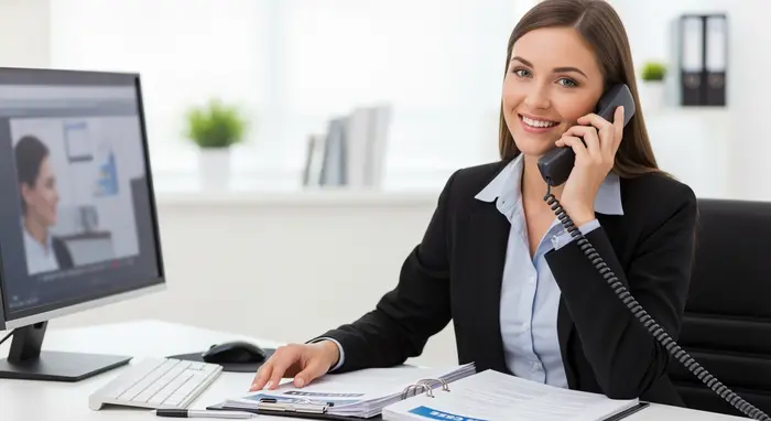 Lächelnde Sachbearbeiterin am Schreibtisch, telefoniert und hat Akte vor sich; freundlicher Kundenservice.