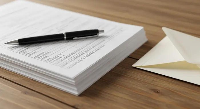 Sauber geordnete Formulare, ein Kugelschreiber und ein Briefumschlag liegen auf einem Holzschreibtisch.