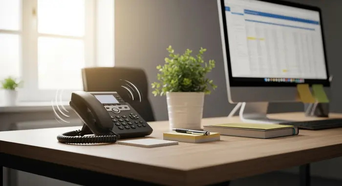 Telefon auf einem ordentlichen Schreibtisch klingelt, daneben Notizzettel und Kugelschreiber; helle, freundliche Büroatmosphäre.