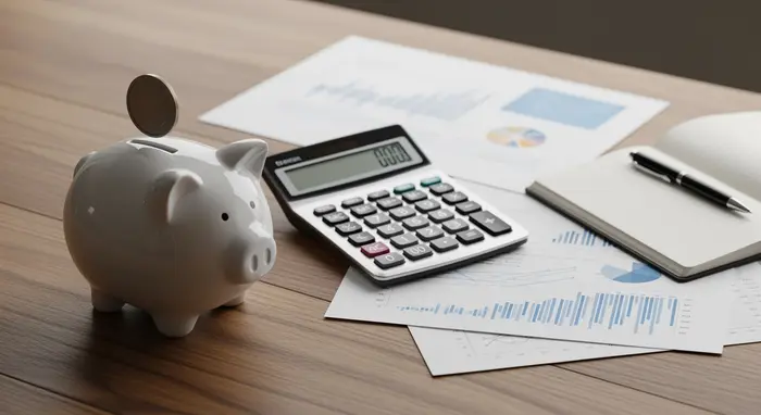 Symbolisches Sparschwein neben Taschenrechner und Dokumenten auf einem Holztisch, neutrale Szene ohne Text.