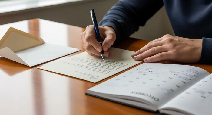 Person unterschreibt einen Brief auf einem Tisch, daneben ein Umschlag und ein Kalender; sachliche Darstellung ohne Text.