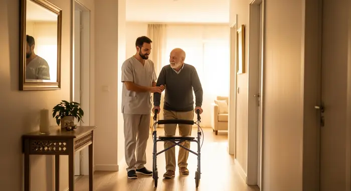 Ambulanter Pfleger hilft Senior beim Gehen mit Rollator im Flur einer Wohnung; warmes Tageslicht.