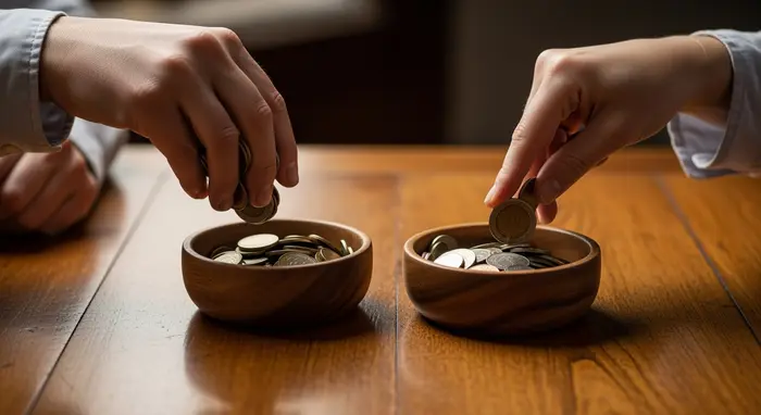Diagrammfreie Szene: Zwei Hände teilen Münzen in zwei Schälchen auf einem Tisch als Symbol für Aufteilung.