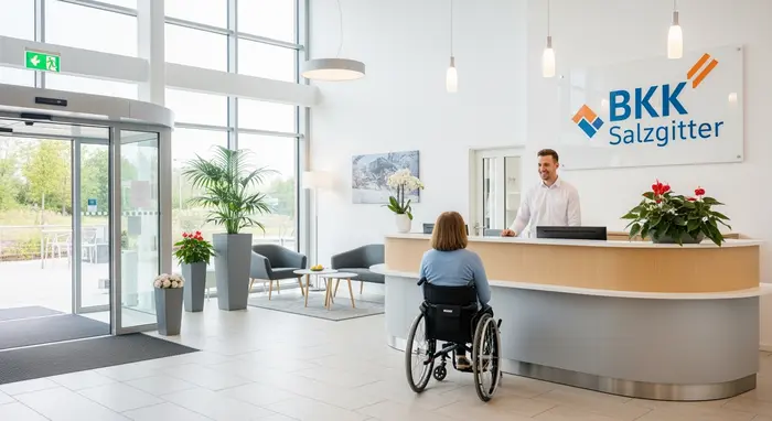 Moderne Geschäftsstelle der BKK Salzgitter: freundlicher Kundenberater am Empfang spricht mit Besucherin, helle Räume mit großen Fenstern, barrierefreier Zugang, einladende Atmosphäre.