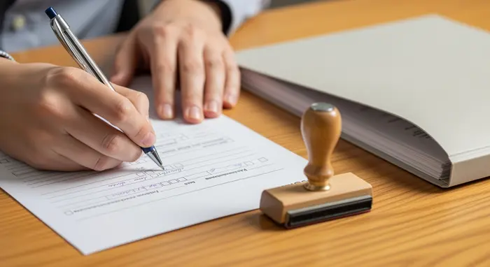 Nahaufnahme: Formular und Kugelschreiber liegen auf einem Schreibtisch, eine Person füllt Daten aus; daneben ein Stempel und ein Ordner, neutrale Darstellung ohne lesbaren Text.