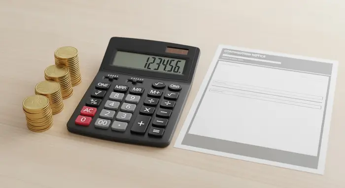 Symbolbild Finanzen: Taschenrechner, Stapel Münzen und ein neutraler Beitragsbescheid ohne lesbaren Text auf einem Schreibtisch; sachliche, klare Darstellung.