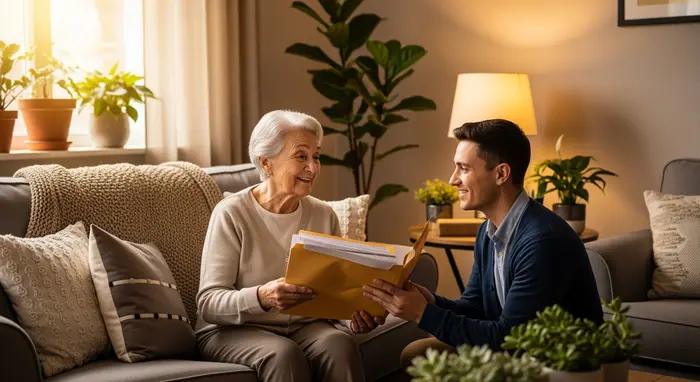 Zuhause-Szene: Senior erhält von Angehöriger eine Umschlagmappe mit Unterlagen, beide lächeln, gemütliches Wohnzimmer mit Pflanzen und warmem Licht.