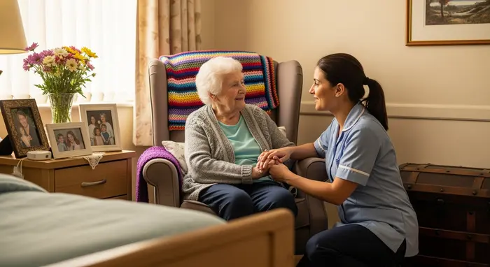 Pflegeheim-Zimmer: Seniorin sitzt in einem bequemen Sessel, eine Pflegekraft spricht mit ihr freundlich, warmes Licht, persönliche Dekorationen, ruhige Atmosphäre.