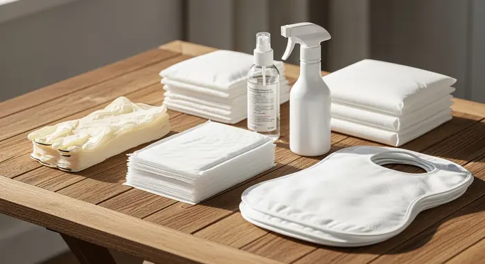 Pflegehilfsmittel zum Verbrauch liegen ordentlich auf einem Holztisch: Einmalhandschuhe, Desinfektionsspray, Bettschutzeinlagen, Einweglätzchen; helles Tageslicht, klar arrangiert.