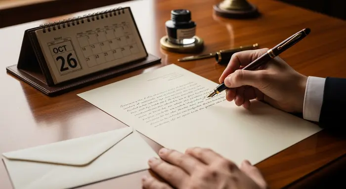 Schreibtischszene: Eine Hand schreibt mit Füller einen formellen Brief, daneben ein Kalender und ein Umschlag; ruhige, sachliche Darstellung ohne lesbaren Text.