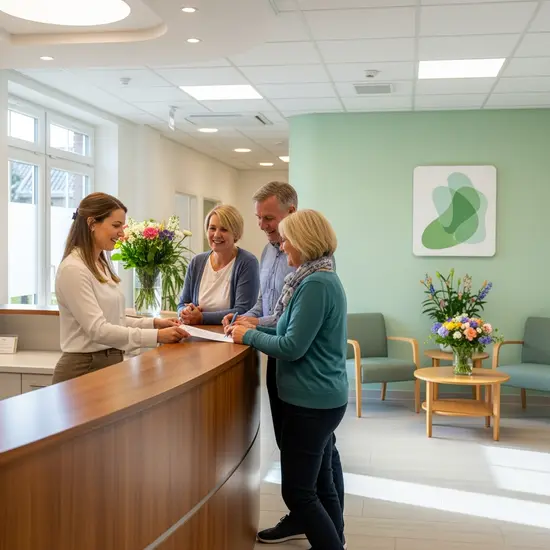 Rezeption einer Kurzzeitpflege-Einrichtung, Angehörige melden einen Aufenthalt an, dezente Beschilderung ohne lesbaren Text.