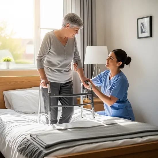 Vertretungspflege: Pflegekraft hilft Senior beim Aufstehen, freundlich und professionell, helles Schlafzimmer.