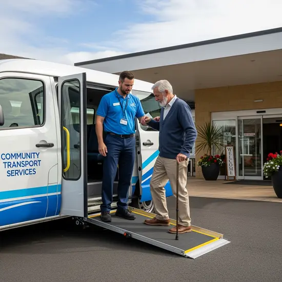 Kleiner Transportbus bringt Senior zur Einrichtung, Fahrer hilft beim Einsteigen, barrierefreie Rampe.