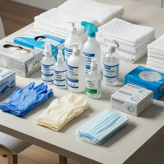 Pflegehilfsmittel auf einem Tisch: Einmalhandschuhe, Desinfektionsmittel, Bettschutzeinlagen und Masken, sauber arrangiert.