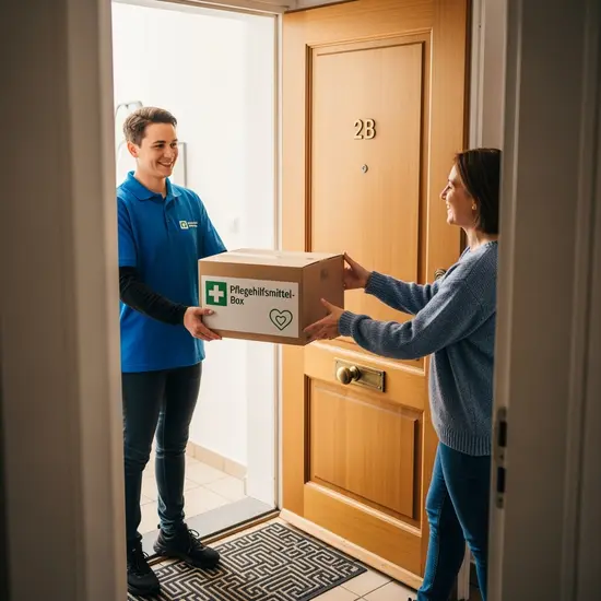 Paket mit Pflegehilfsmittel-Box wird an der Wohnungstür entgegengenommen, freundlicher Paketbote.