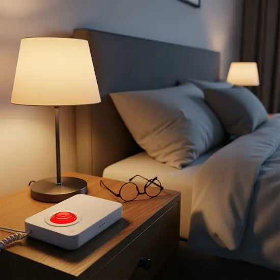 Elektronisches Hausnotruf-Gerät mit roter Taste liegt auf einem Nachttisch neben einem Bett, Nachttischlampe, Brille.