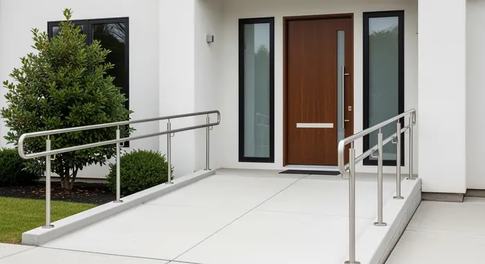 Eingangsrampe mit Handlauf vor einem Hauseingang, rollstuhlgerecht, klare Linien.