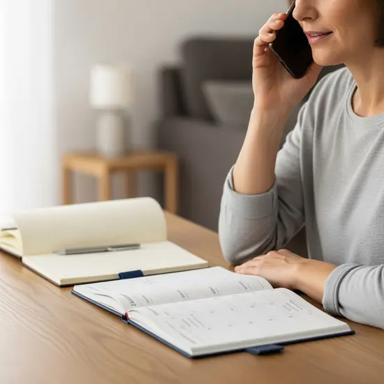 Angehörige telefoniert zur Terminvereinbarung für einen Beratungseinsatz, Notizblock und Kalender auf dem Tisch.