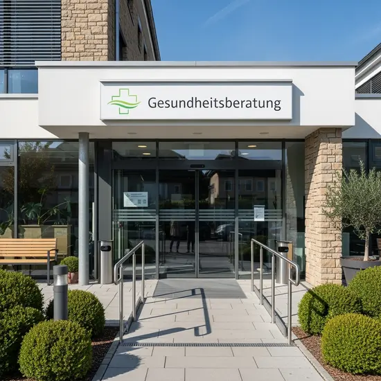 Moderne Krankenkassen-Beratungsstelle von außen, klarer Eingang, barrierefreier Zugang, freundliche Beschilderung.