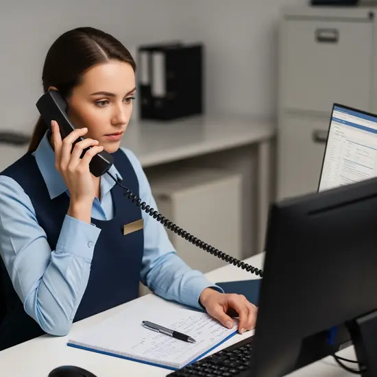 Telefonat in einem ruhigen Büro: Mitarbeiterin der Kasse telefoniert konzentriert, Notizblock und PC auf dem Schreibtisch.
