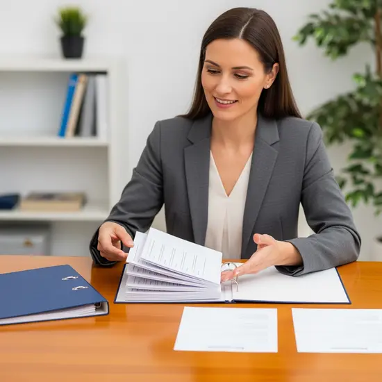 Pflegeberaterin erklärt am Tisch die Struktur der Pflegeversicherung, geordnete Aktenmappe und Infoblätter ohne lesbaren Text.