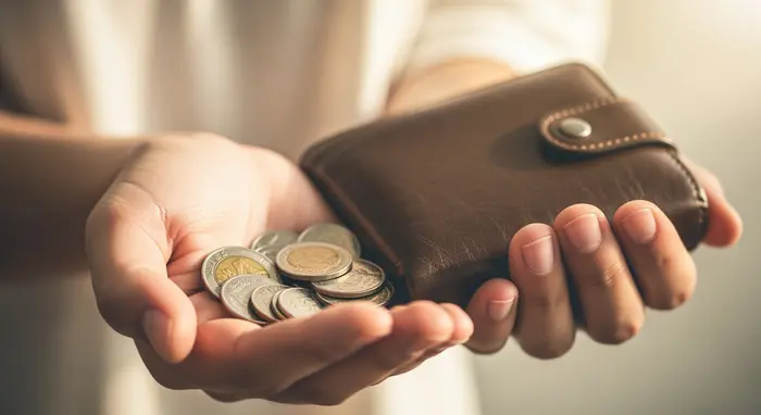 Nahaufnahme von Händen, die Geldmünzen und Portemonnaie halten, weiche Beleuchtung, Symbolik für finanzielle Unterstützung.