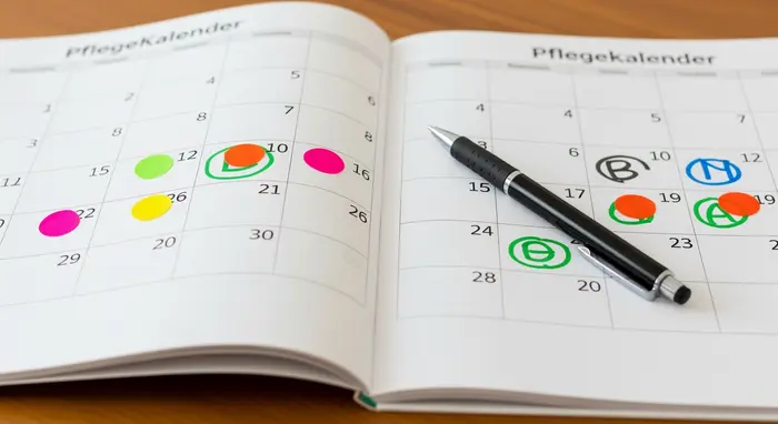Pflegekalender auf dem Tisch mit markierten Terminen, Stift daneben, ohne lesbaren Text.