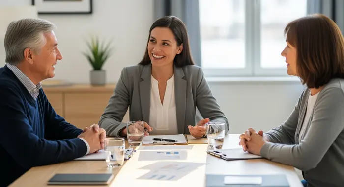 Freundliche Beraterin spricht mit Senior und Angehöriger an einem hellen Beratungstisch; Unterlagen, Stifte und Wasser; vertrauensvolle Situation ohne sichtbare Logos.