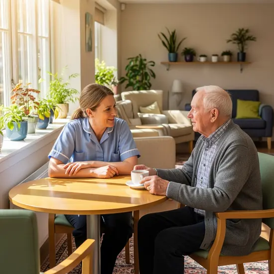 Pflegerin spricht einfühlsam mit einem älteren Bewohner im Aufenthaltsbereich; Pflanzen und warmes Licht.