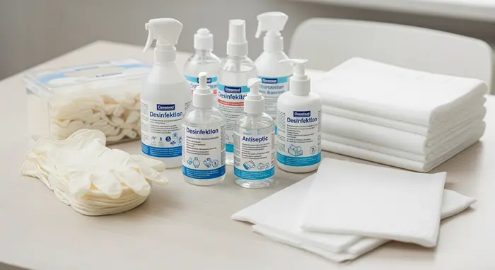 Pflegehilfsmittel zum Verbrauch wie Einmalhandschuhe, Desinfektionsmittel und Bettschutzeinlagen ordentlich auf einem Tisch arrangiert.