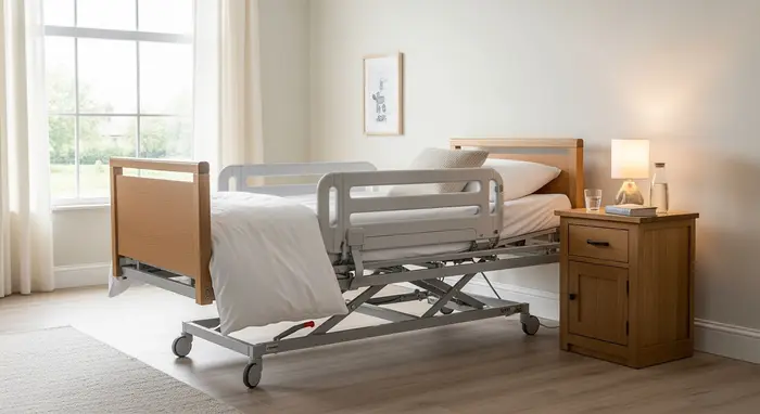 Höhenverstellbares Pflegebett in einem hellen Schlafzimmer; seitliche Haltegriffe und Nachttisch daneben.