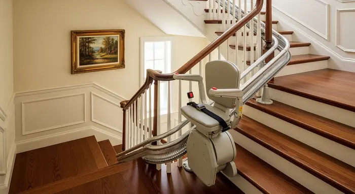 Installierter Treppenlift in einem gepflegten Treppenhaus; Sitz, Sicherheitsgurt und Schiene gut sichtbar.