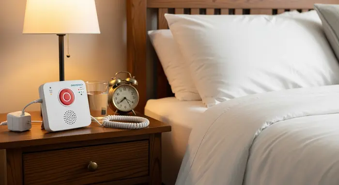 Hausnotruf-Gerät mit Notfallknopf liegt griffbereit auf einem Nachttisch neben einem Bett.