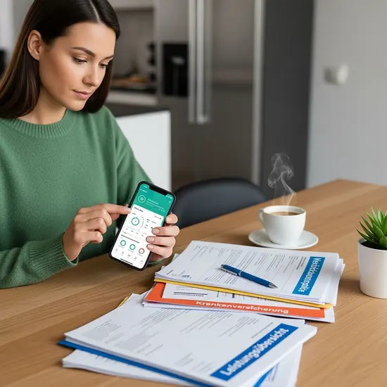 Junge Frau nutzt eine Gesundheits-App auf dem Smartphone am Küchentisch; daneben liegen Versicherungsunterlagen.