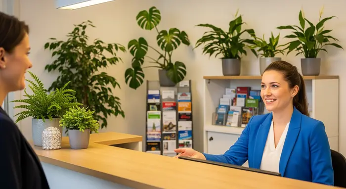 Freundlicher Empfang in einer Geschäftsstelle; Mitarbeiterin begrüßt Besucher am Tresen, Pflanzen und Broschüren im Hintergrund.