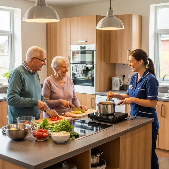 Gemeinschaftsküche einer ambulant betreuten Wohngruppe; zwei Senioren kochen gemeinsam mit einer Betreuungsperson.