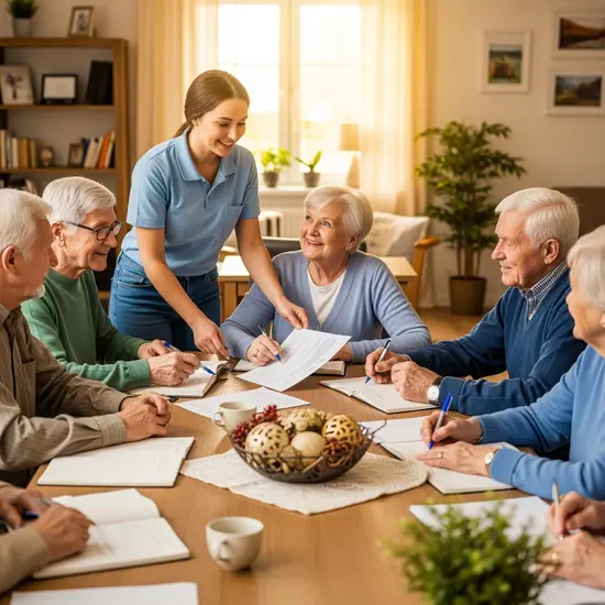 Bewohner sitzen mit Betreuerin am großen Tisch und planen organisatorische Aufgaben; freundliches Miteinander.