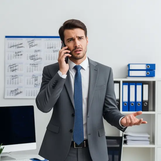 Berufstätige Person telefoniert besorgt in einem Büro und organisiert kurzfristig Pflege; Kalender und Akten im Hintergrund.