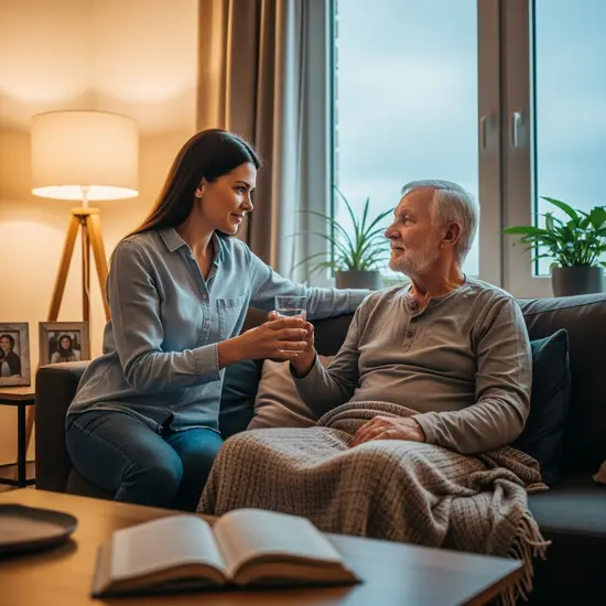 Tochter pflegt ihren Vater kurzfristig zu Hause; sie reicht ihm ein Glas Wasser im Wohnzimmer.