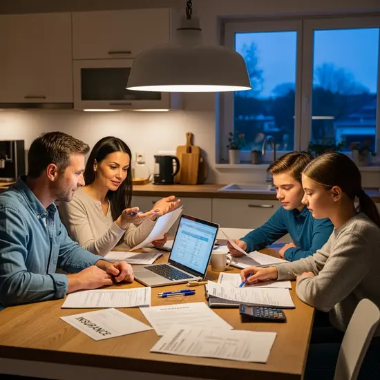 Familie sitzt am Küchentisch und bespricht Versicherungsbeiträge; ruhige Abendstimmung, Laptop und Unterlagen sichtbar.