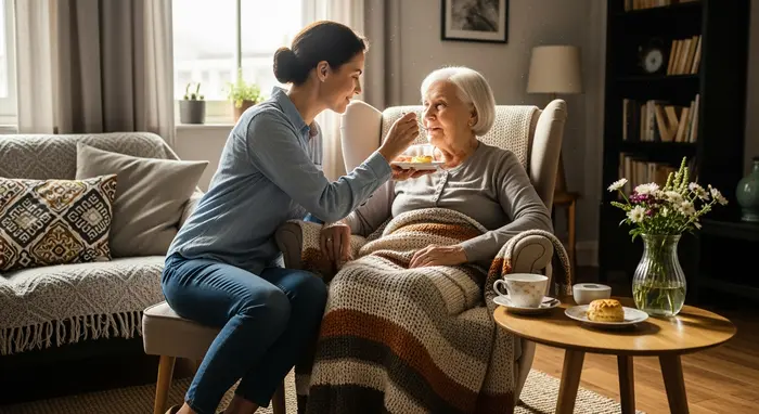 Tochter hilft ihrer älteren Mutter beim Essen in einem gemütlichen Wohnzimmer; warme Decke, sanftes Tageslicht.