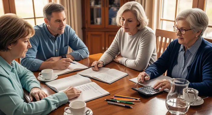 Familie sitzt mit Notizblock und Taschenrechner am Esstisch und plant das Pflegebudget.