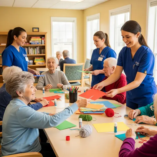 Seniorin nimmt tagsüber an einer Aktivitätsrunde in einer freundlichen Tagespflege teil; helle Räume, Betreuende reichen Bastelmaterialien.