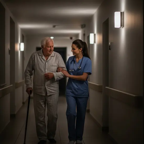 Pflegekraft begleitet einen Senior nachts durch einen ruhigen Flur; gedämpftes Licht, Sicherheit und Orientierung im Vordergrund.