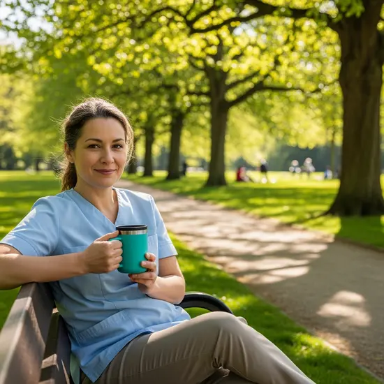 Pflegende Angehörige macht eine erholsame Pause im Park; Thermobecher, entspanntes Lächeln, sonniger Tag.