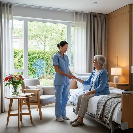 Senior erhält vorübergehend Betreuung in einer modernen Kurzzeitpflege; freundliches Personal, helles Zimmer.