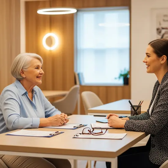 Beratungsgespräch zwischen Krankenkassenmitarbeiterin und Seniorin am hellen Schreibtisch, Unterlagen und Brille liegen bereit, modernes Büroambiente, freundliche Atmosphäre.